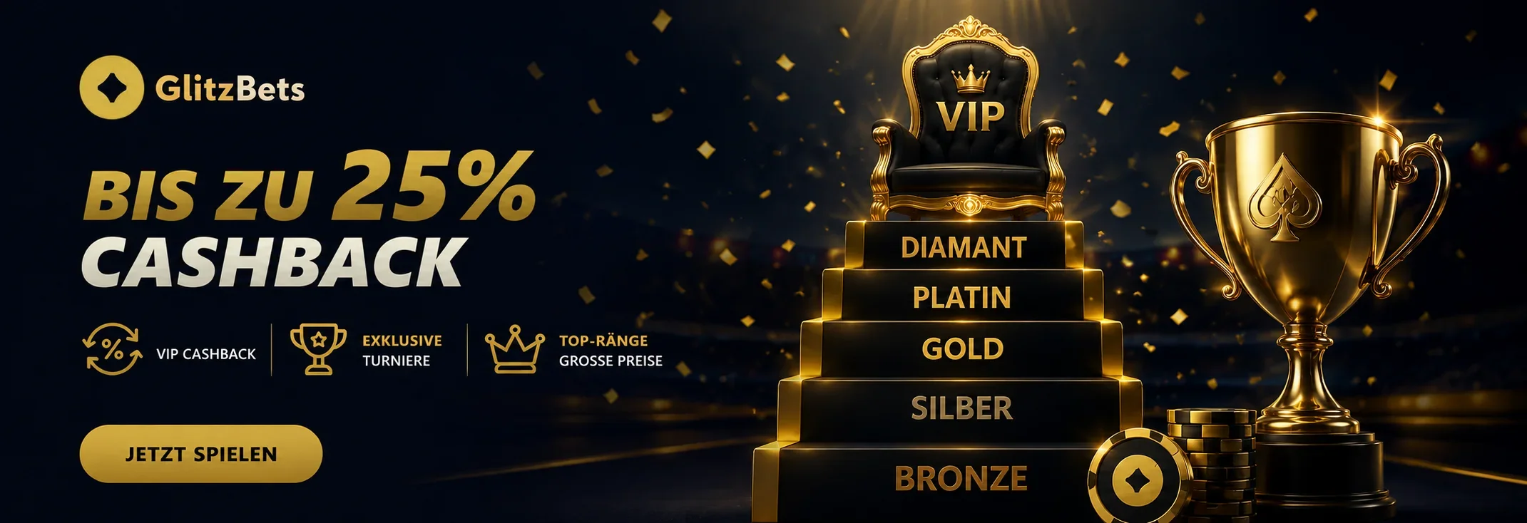 GlitzBets Casino Banner mit 25 % wöchentlichem Cashback und Willkommenspaket bis 3.000 Euro